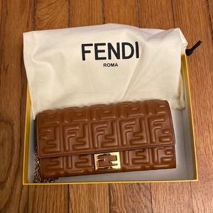 Brown Fendi Baguette Continental Wallet with Chain Crossbody Bag